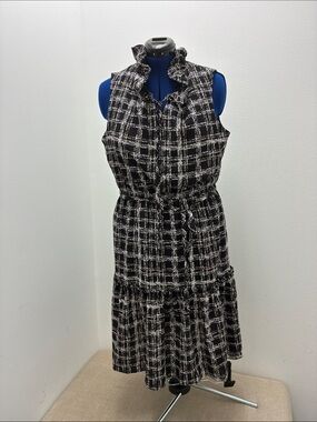 Sleeveless Ruffled Black & White Plaid Midi Dress